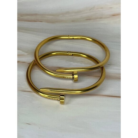 Sia Gold-Tone Nail Design Stainless Steel Bangle - Hypoallergenic & Durable - Picture 2 of 3